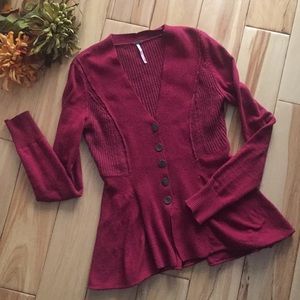 Free People peplum button up sweater burgundy